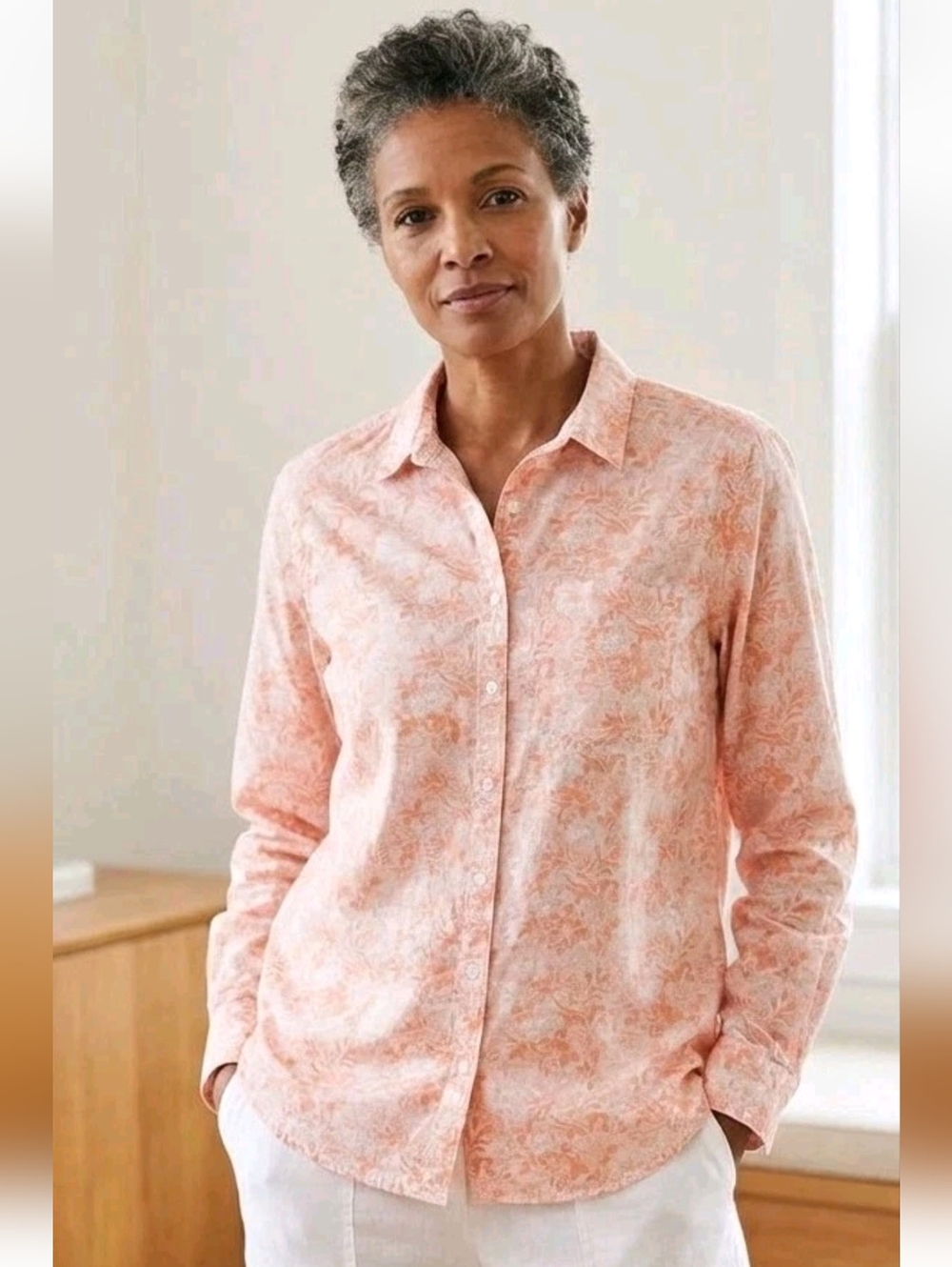Lands' End Womens L Linen/Cotton Long Tab Sleeve Shirt Button Up Peach Floral